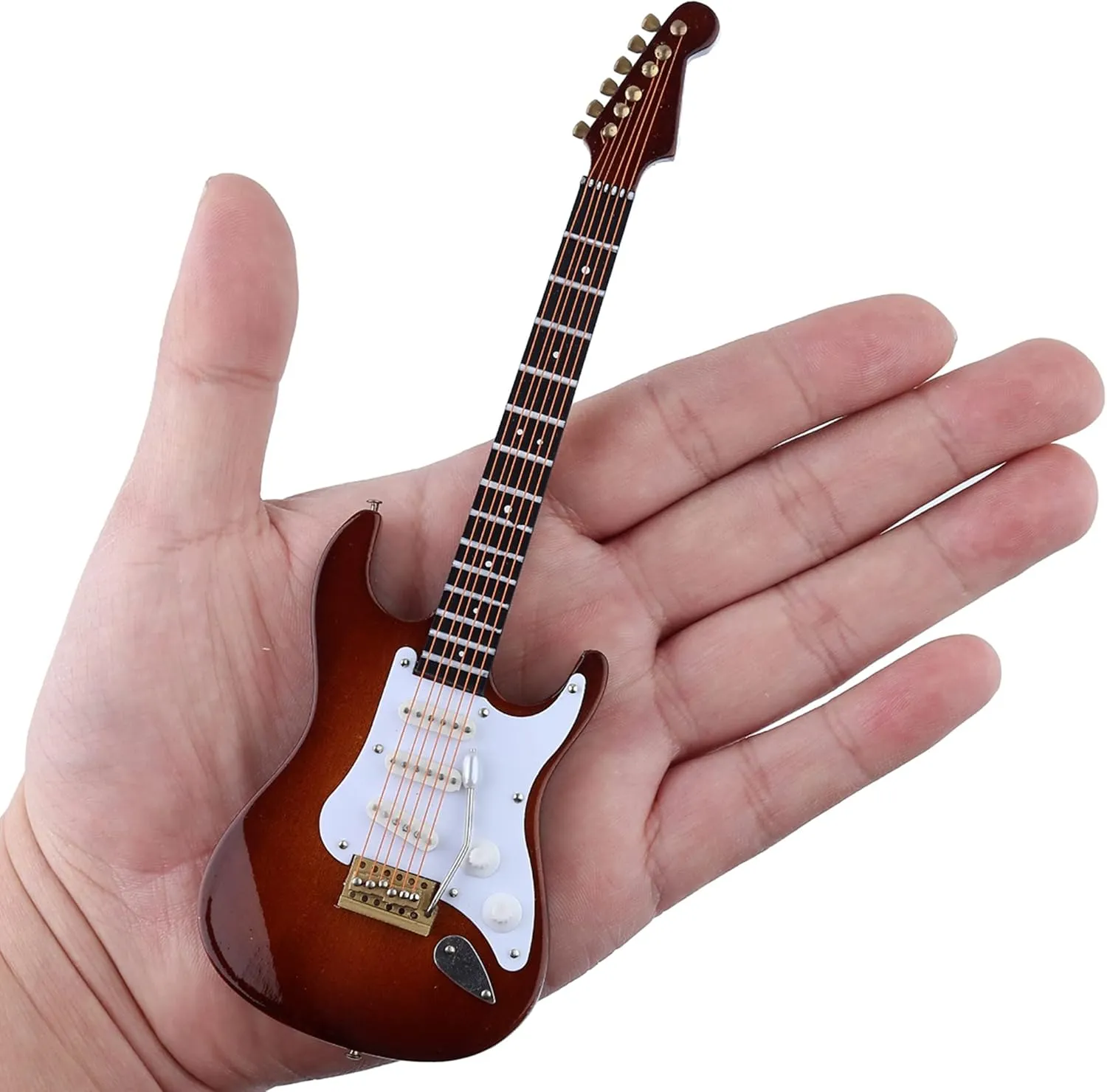 Wooden Miniature Electric Guitar with Stand and Case Mini Musical Instrument Electric Guitar Replica Collectible Figurines Model Home Decoration Display Ornament (Brown, 7.09"x2.27"x0.54")
