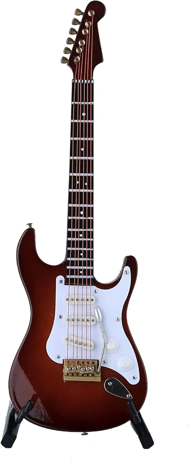 Wooden Miniature Electric Guitar with Stand and Case Mini Musical Instrument Electric Guitar Replica Collectible Figurines Model Home Decoration Display Ornament (Brown, 7.09"x2.27"x0.54")