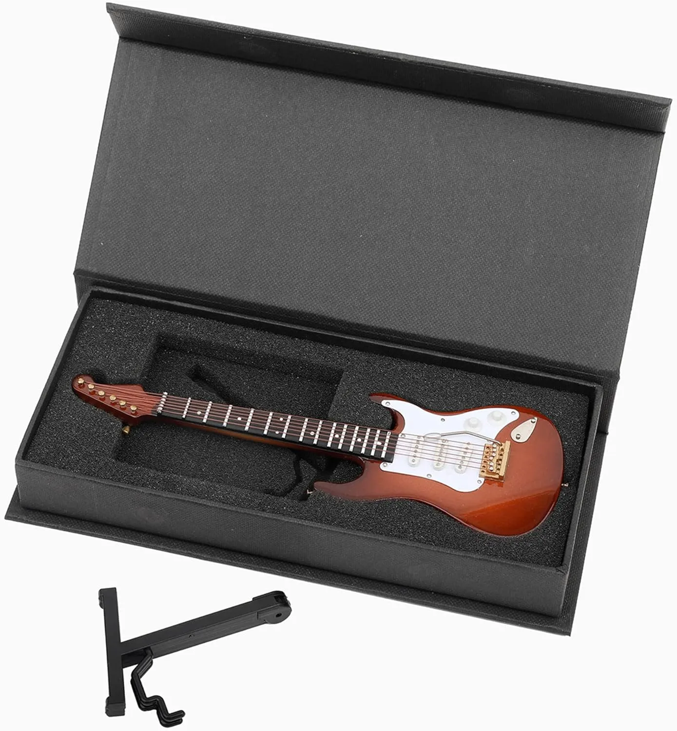 Wooden Miniature Electric Guitar with Stand and Case Mini Musical Instrument Electric Guitar Replica Collectible Figurines Model Home Decoration Display Ornament (Brown, 7.09"x2.27"x0.54")