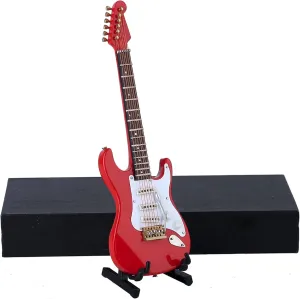 Wooden Miniature Electric Guitar with Stand and Case Mini Musical Instrument Electric Guitar Replica Collectible Figurines Model Home Decoration Display Ornament (Red, 7.09"x2.27"x0.54")