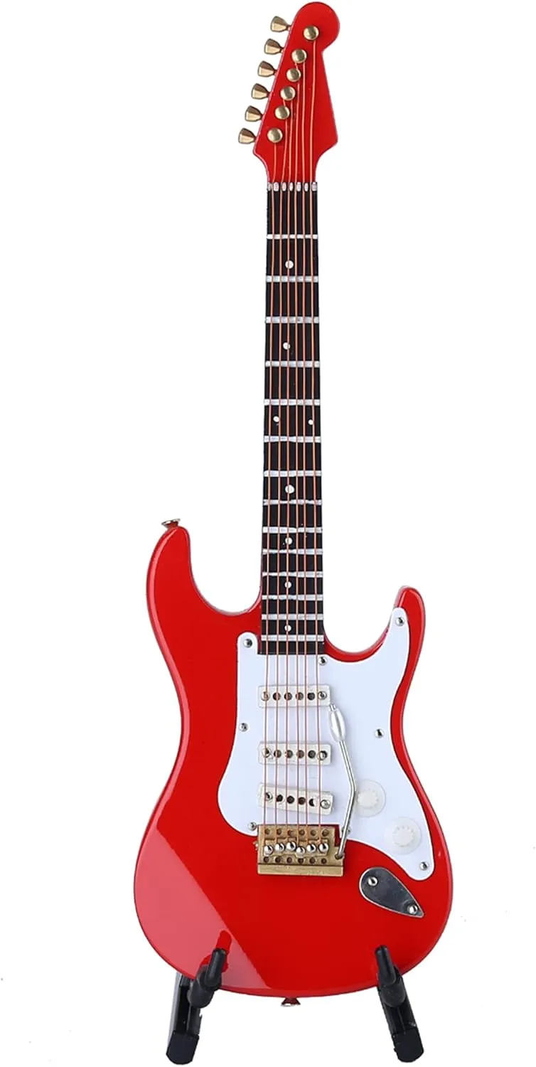 Wooden Miniature Electric Guitar with Stand and Case Mini Musical Instrument Electric Guitar Replica Collectible Figurines Model Home Decoration Display Ornament (Red, 7.09"x2.27"x0.54")