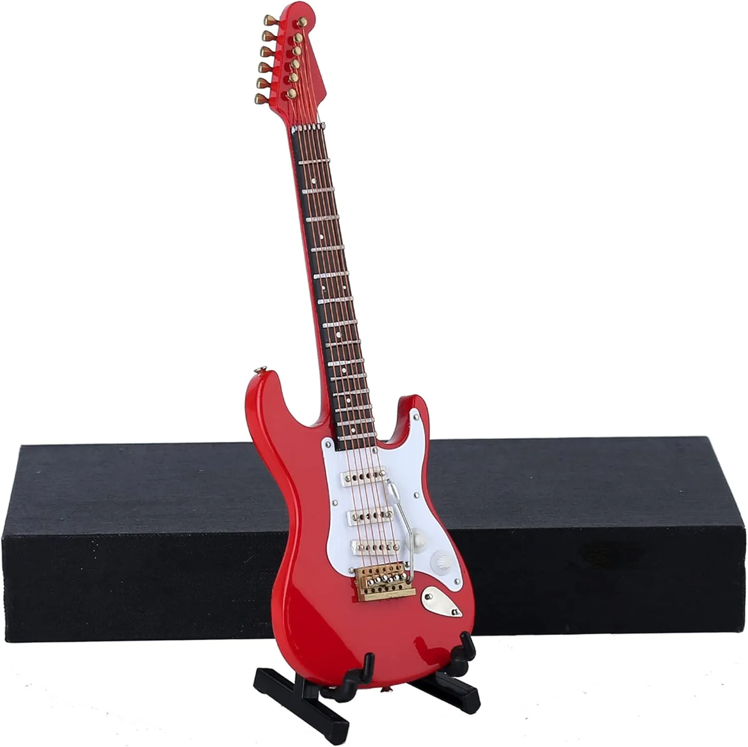 Wooden Miniature Electric Guitar with Stand and Case Mini Musical Instrument Electric Guitar Replica Collectible Figurines Model Home Decoration Display Ornament (Red, 7.09"x2.27"x0.54")