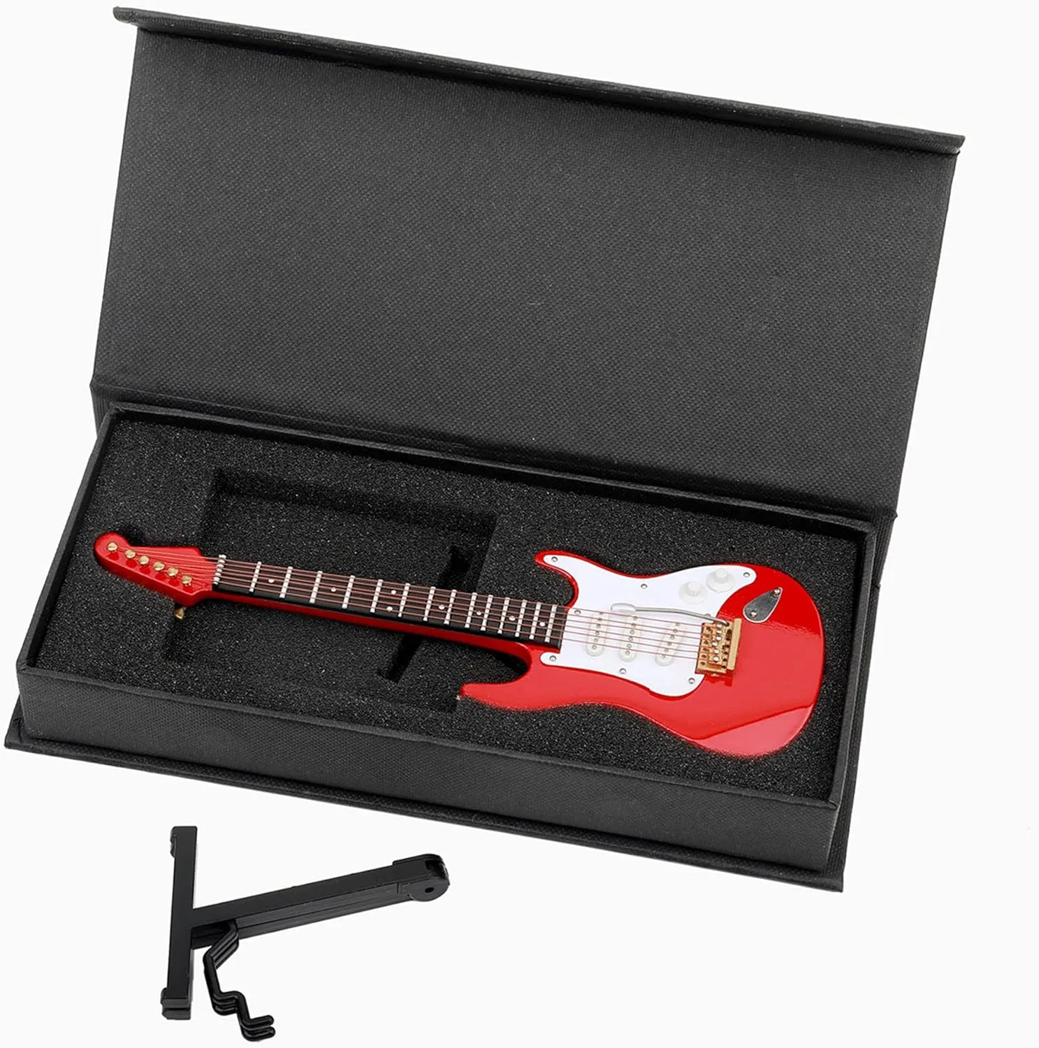 Wooden Miniature Electric Guitar with Stand and Case Mini Musical Instrument Electric Guitar Replica Collectible Figurines Model Home Decoration Display Ornament (Red, 7.09"x2.27"x0.54")