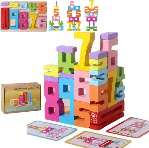Wooden Number Building Blocks, Digit Blocks, Friends of Ten Blocks, Wooden Number Blocks for 3  Years Old Kids 1-10 Number Game Balance Competition Toy (20*Blocks   15*Cards)
