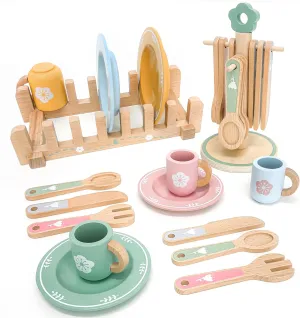 Wooden Play Kitchen Accessories Toys for Toddlers 3 , 22 PCS Kids Play Kitchen with Cute Cutlery Rack&Dish Rack,Play Dishes for Kids Kitchen,Montessori Pretend Birthday Gifts for Girls Boys