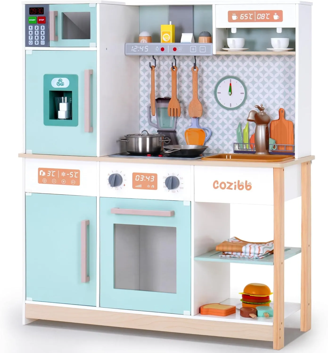 Wooden Play Kitchen for Kids Toddlers, Kitchen Playset with Stove, Oven, Sink, Fridge and Accessories Toy Kitchen Set with Plenty of Play Features, Kids Play Kitchen Designed, Gift for Ages 3 