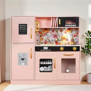 Wooden Play Kitchen Toy Set with Light, Kids Children Pretend Toy Kitchen Playset, Sink Play Toy Oven with Microwave,Toddler Cooking Set Toy for Ages 3 Baby Girls Boys (Pink)