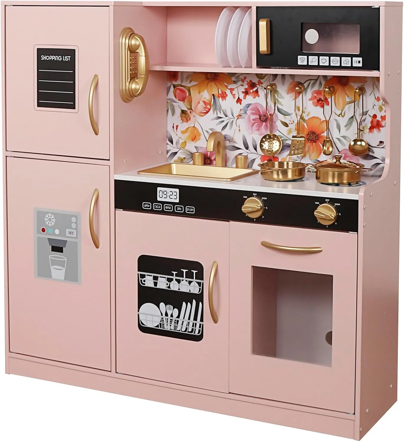 Wooden Play Kitchen Toy Set with Light, Kids Children Pretend Toy Kitchen Playset, Sink Play Toy Oven with Microwave,Toddler Cooking Set Toy for Ages 3 Baby Girls Boys (Pink)