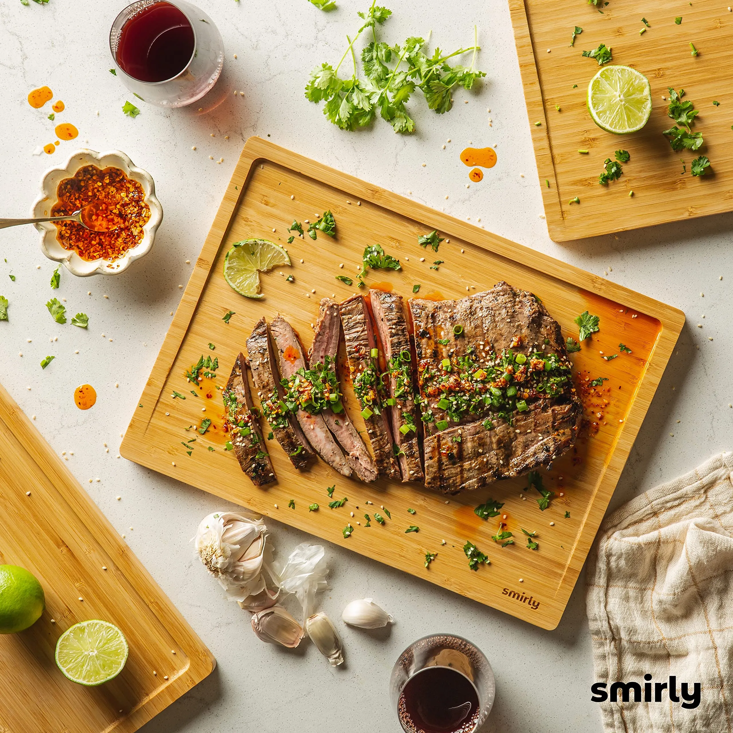 Wooden SMIRLY Wooden Cutting Boards For Kitchen - Bamboo Cutting Board Set with Holder, Wood Cutting Board Set, Cutting Board Wood, Wooden Chopping Board, Wooden Cutting Board Set