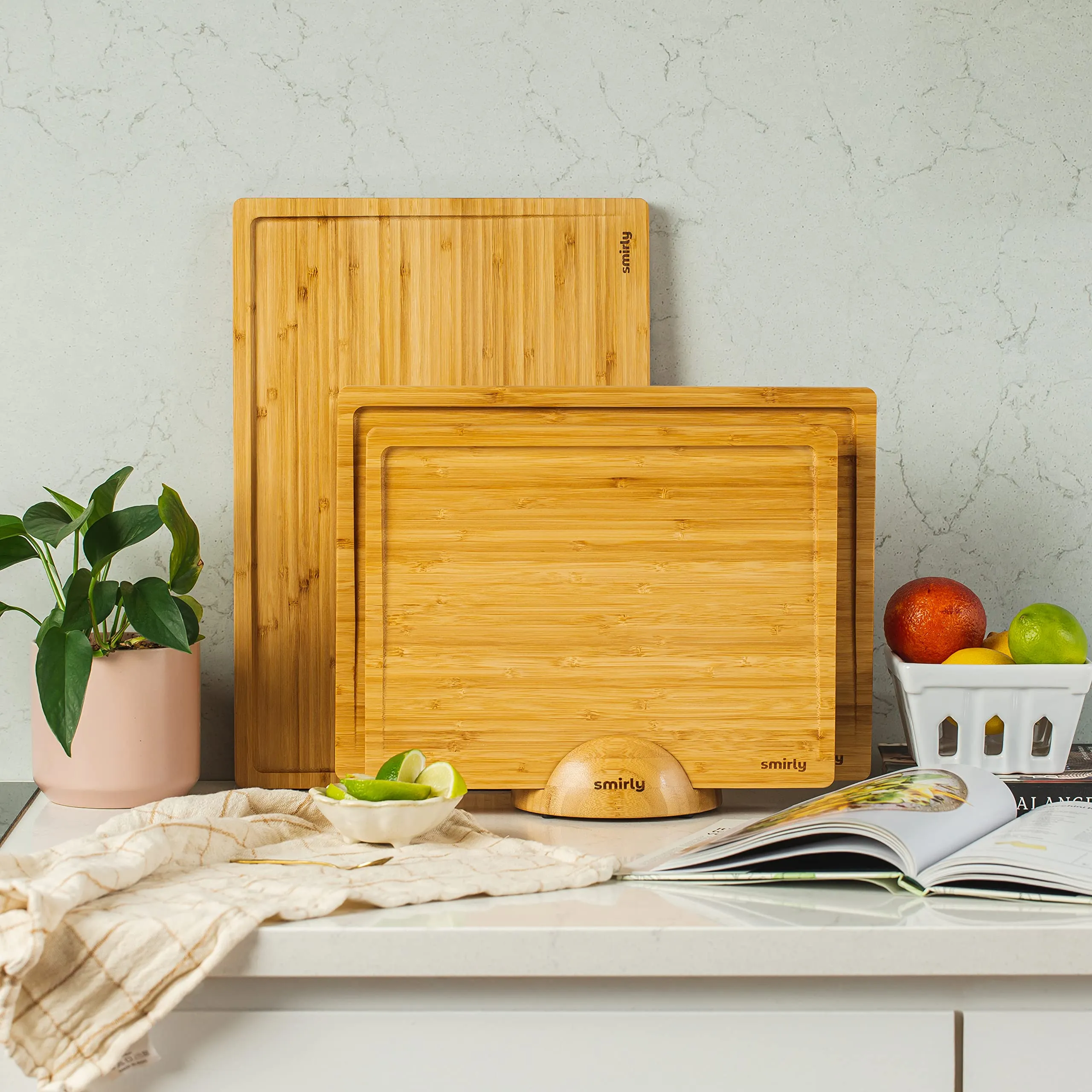 Wooden SMIRLY Wooden Cutting Boards For Kitchen - Bamboo Cutting Board Set with Holder, Wood Cutting Board Set, Cutting Board Wood, Wooden Chopping Board, Wooden Cutting Board Set