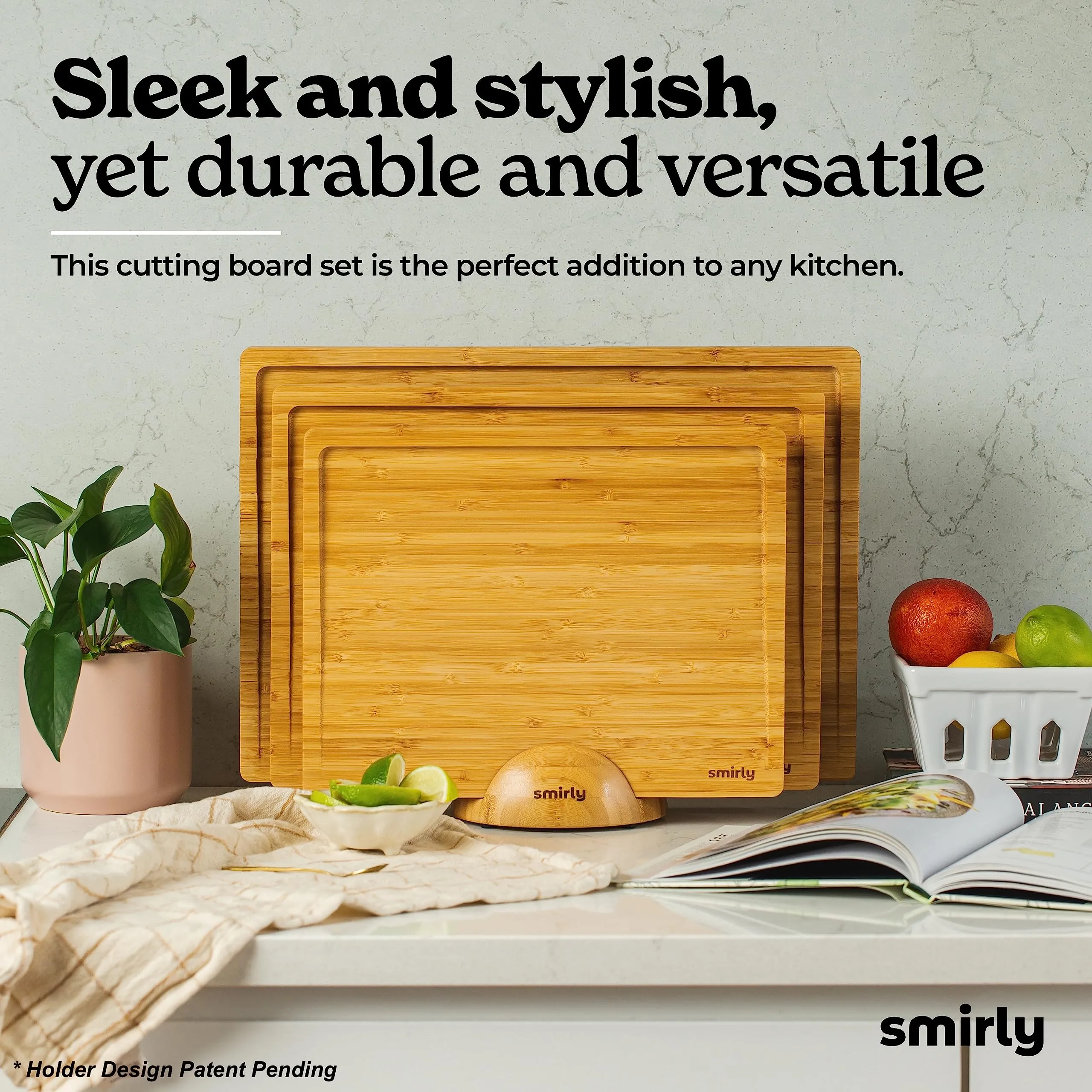 Wooden SMIRLY Wooden Cutting Boards For Kitchen - Bamboo Cutting Board Set with Holder, Wood Cutting Board Set, Cutting Board Wood, Wooden Chopping Board, Wooden Cutting Board Set