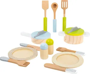 wooden toys- Premium 15 Piece Kitchen Playset- Cooking and Dining Set Includes Pots, Plates and Utensils- Ideal for Toddlers 2 , Multi, (11098)
