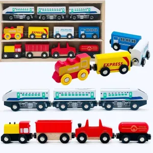 Wooden Trains Cars Magnetic Train 11pcs Wooden Train Toys for Wooden Train Tracks Train Sets for Toddlers and Kids Ages 3  (11 PCS)