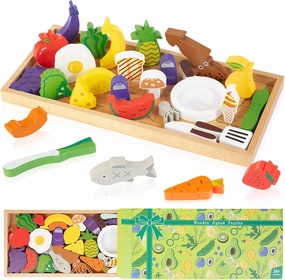 Wooden Kitchen Jigsaw Puzzles for Kids 3-6, 29PCS Play Food Fruits Utensils Blocks with Sketched Board, Montessori Learning Toys for Toddlers Age 3 , Birthday Gift Set for Boys & Girls