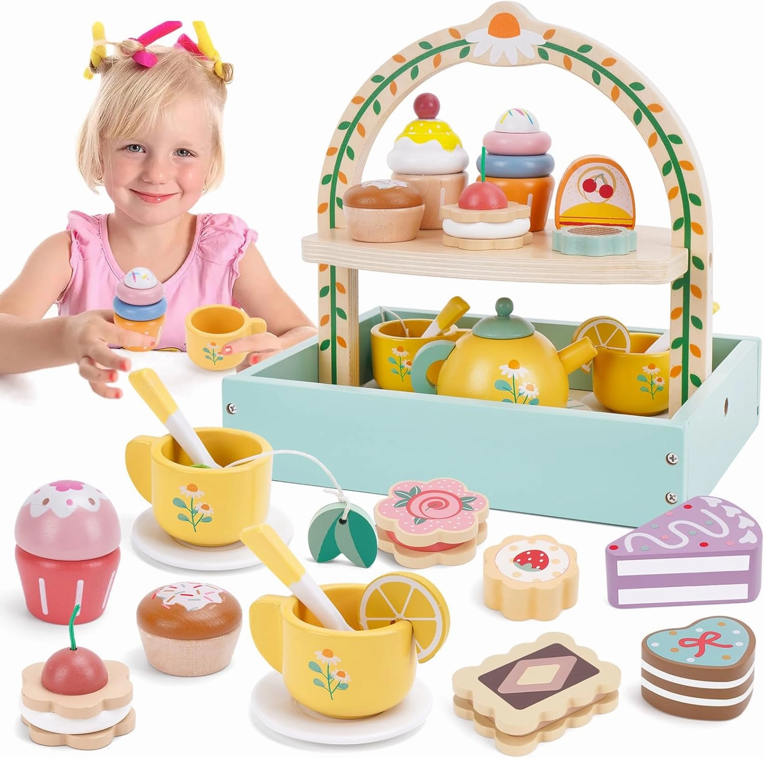 Wooden Tea Party Set for Little Girls, Tea Set Toddler Girl Toys, Pretend Play Tea Sets for Toddlers 3-5, Wooden Toys with Cupcake Stand & Play Kitchen Accessories for 3 4 5 6 Years Old Gifts