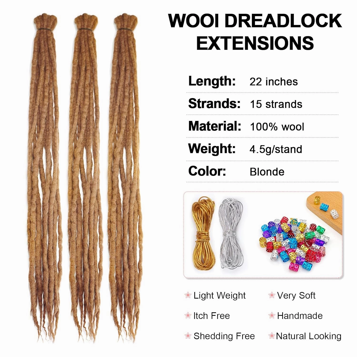 Wool Dreadlock Extensions 22 Inches 15 Strands Double Ended Blonde Handmade Hippie Wool Dreads Extensions DE Ends White Locs Style Crochet Hair for Women