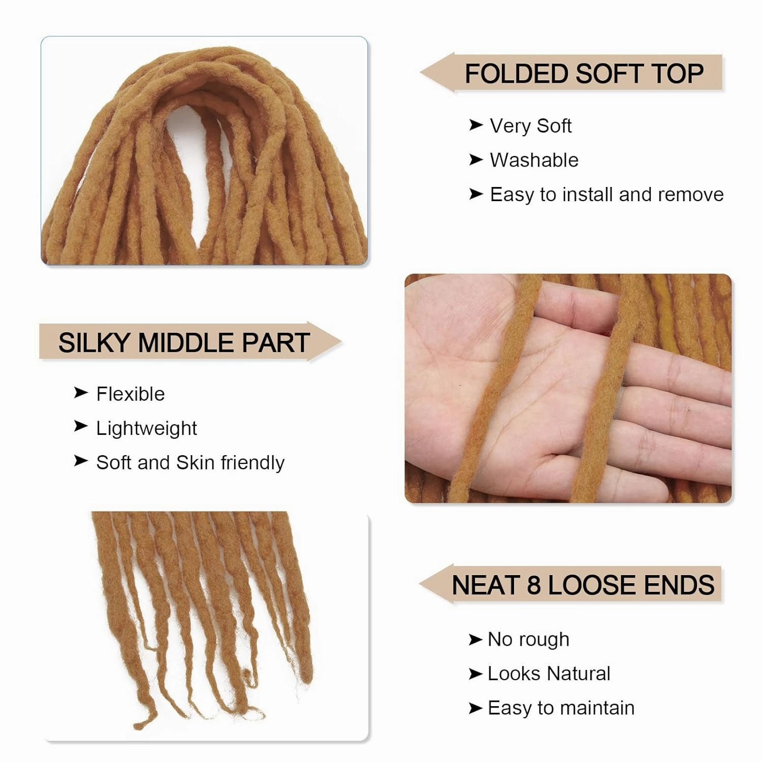 Wool Dreadlock Extensions 22 Inches 15 Strands Double Ended Blonde Handmade Hippie Wool Dreads Extensions DE Ends White Locs Style Crochet Hair for Women