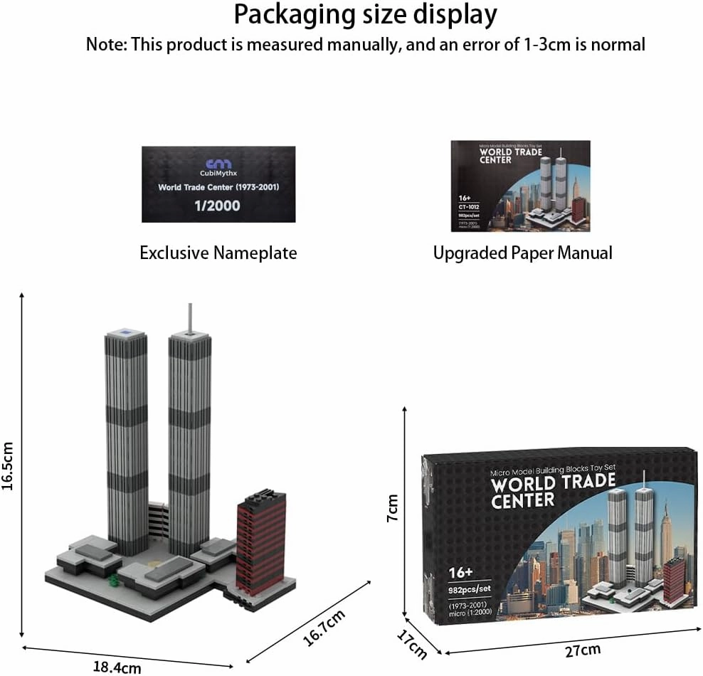 World Trade Center Building Blocks and Construction Toy, Collectible Architecture-Themed Model to Build and Display, Great Gift for Building Fans (982 PCS), 1:2000 Scale - Limited Nameplate