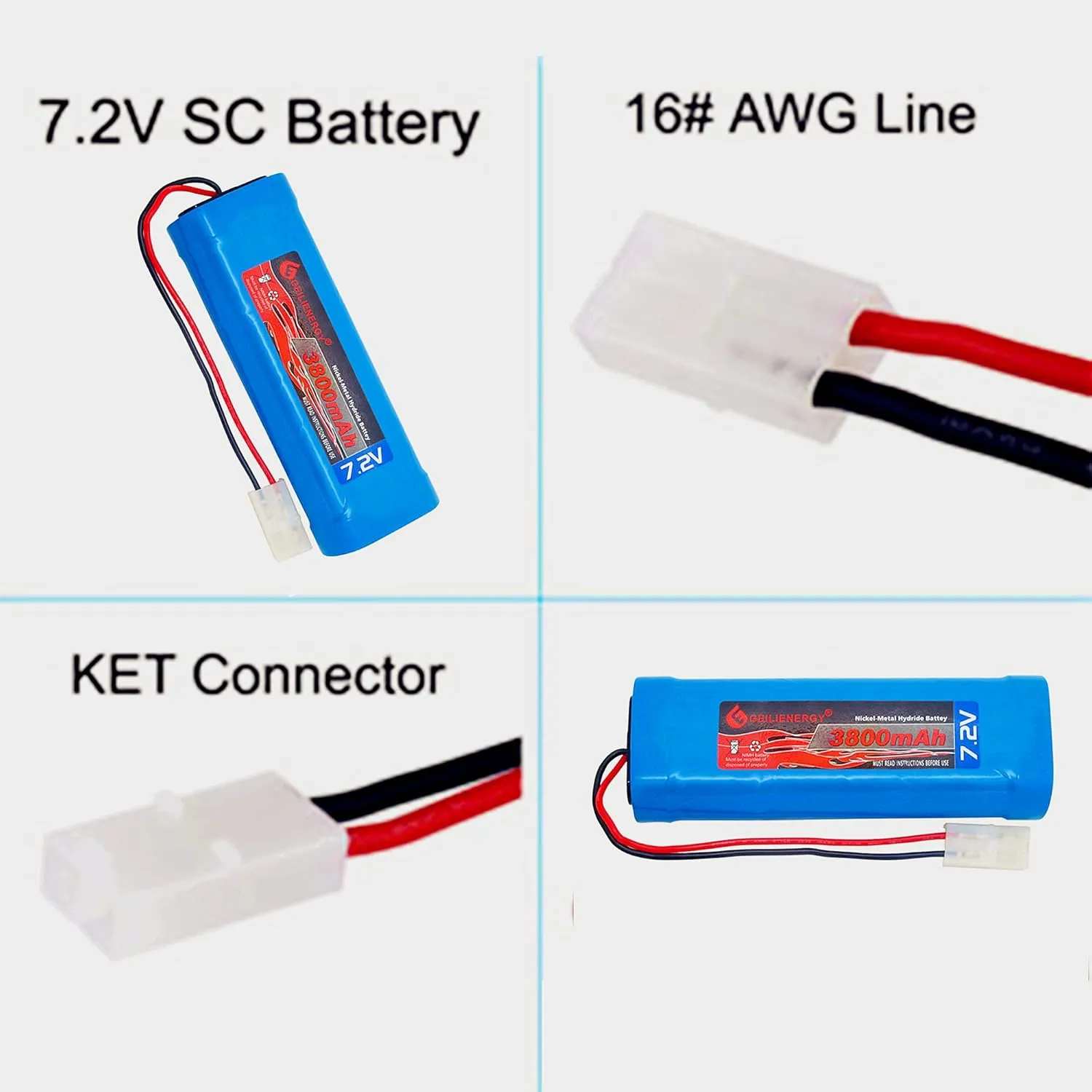 XUNTU 7.2V 3800mAh NIMH Battery (2 Pack) for RC Cars, 6-Cell NiMH Flat Rechargeable Battery Pack w/Standard Tamiya Connector   7.2V Smart Charger(1 PCS)