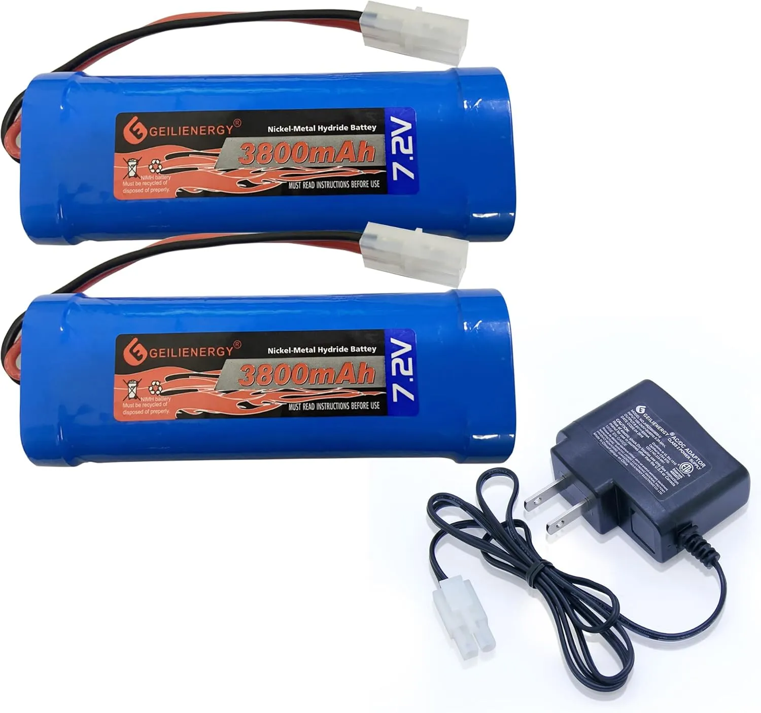 XUNTU 7.2V 3800mAh NIMH Battery (2 Pack) for RC Cars, 6-Cell NiMH Flat Rechargeable Battery Pack w/Standard Tamiya Connector   7.2V Smart Charger(1 PCS)