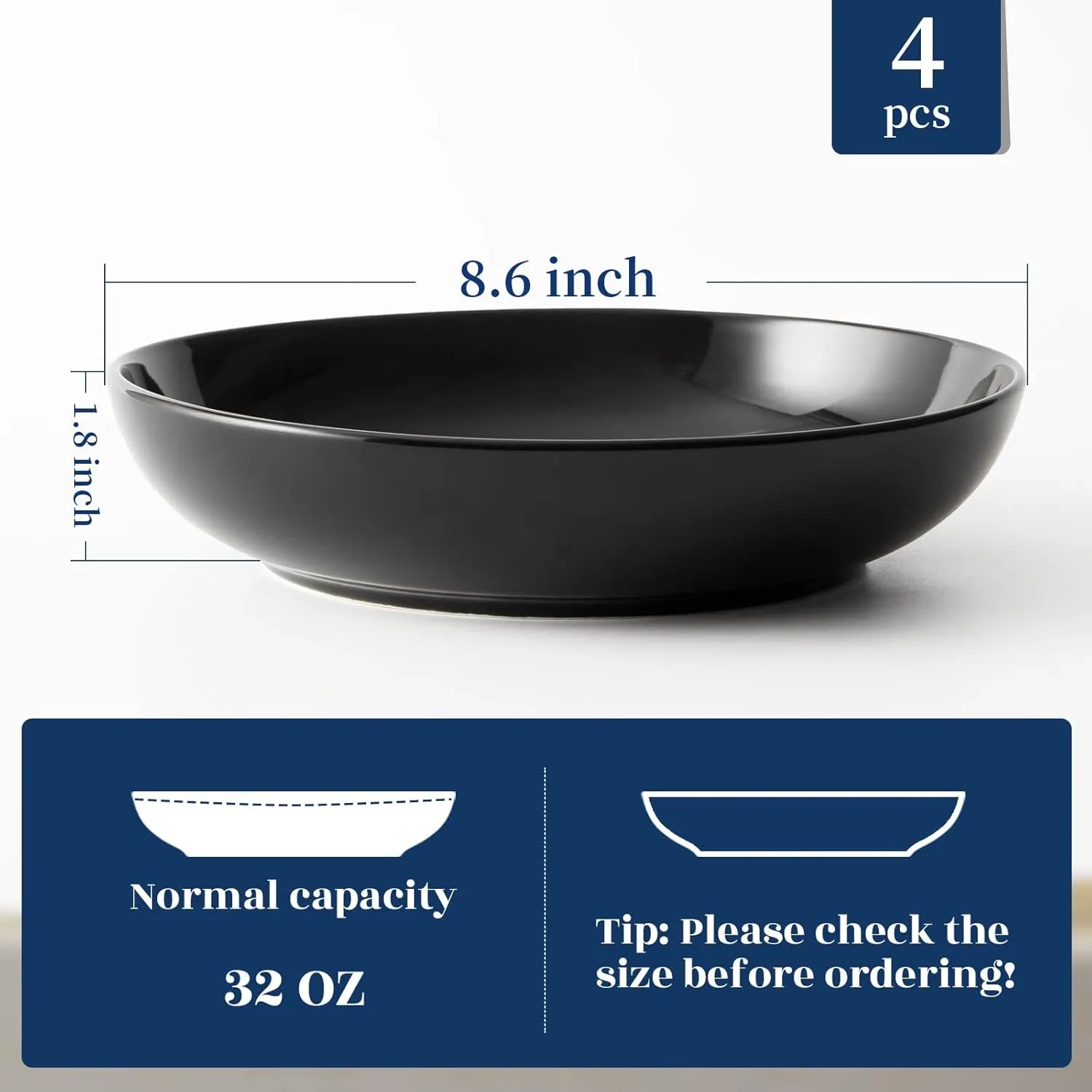 Y YHY 8.6" Vivid Black Pasta, Salad & Soup Serving Bowls Set of 4, 32oz Large Ceramic, Microwave, Oven & Dishwasher Safe, Sturdy Porcelain Perfect for Daily Dining, Family Gatherings, Parties & Gifts