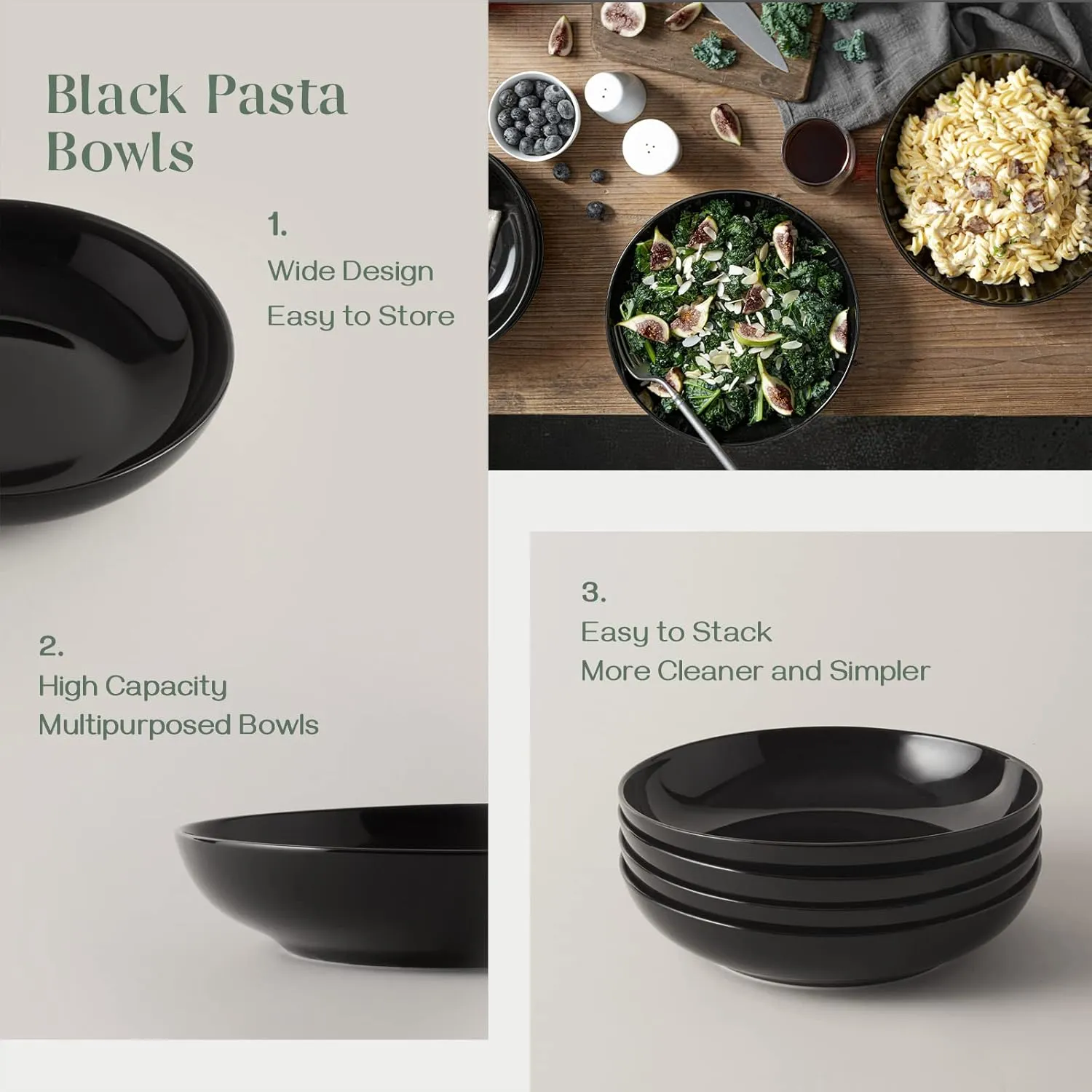Y YHY 8.6" Vivid Black Pasta, Salad & Soup Serving Bowls Set of 4, 32oz Large Ceramic, Microwave, Oven & Dishwasher Safe, Sturdy Porcelain Perfect for Daily Dining, Family Gatherings, Parties & Gifts