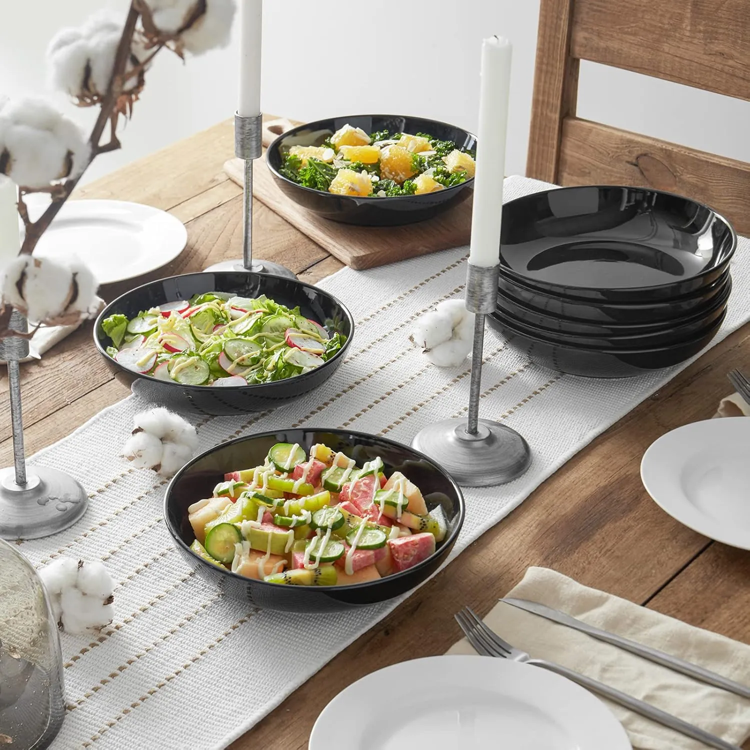 Y YHY 8.6" Vivid Black Pasta, Salad & Soup Serving Bowls Set of 4, 32oz Large Ceramic, Microwave, Oven & Dishwasher Safe, Sturdy Porcelain Perfect for Daily Dining, Family Gatherings, Parties & Gifts