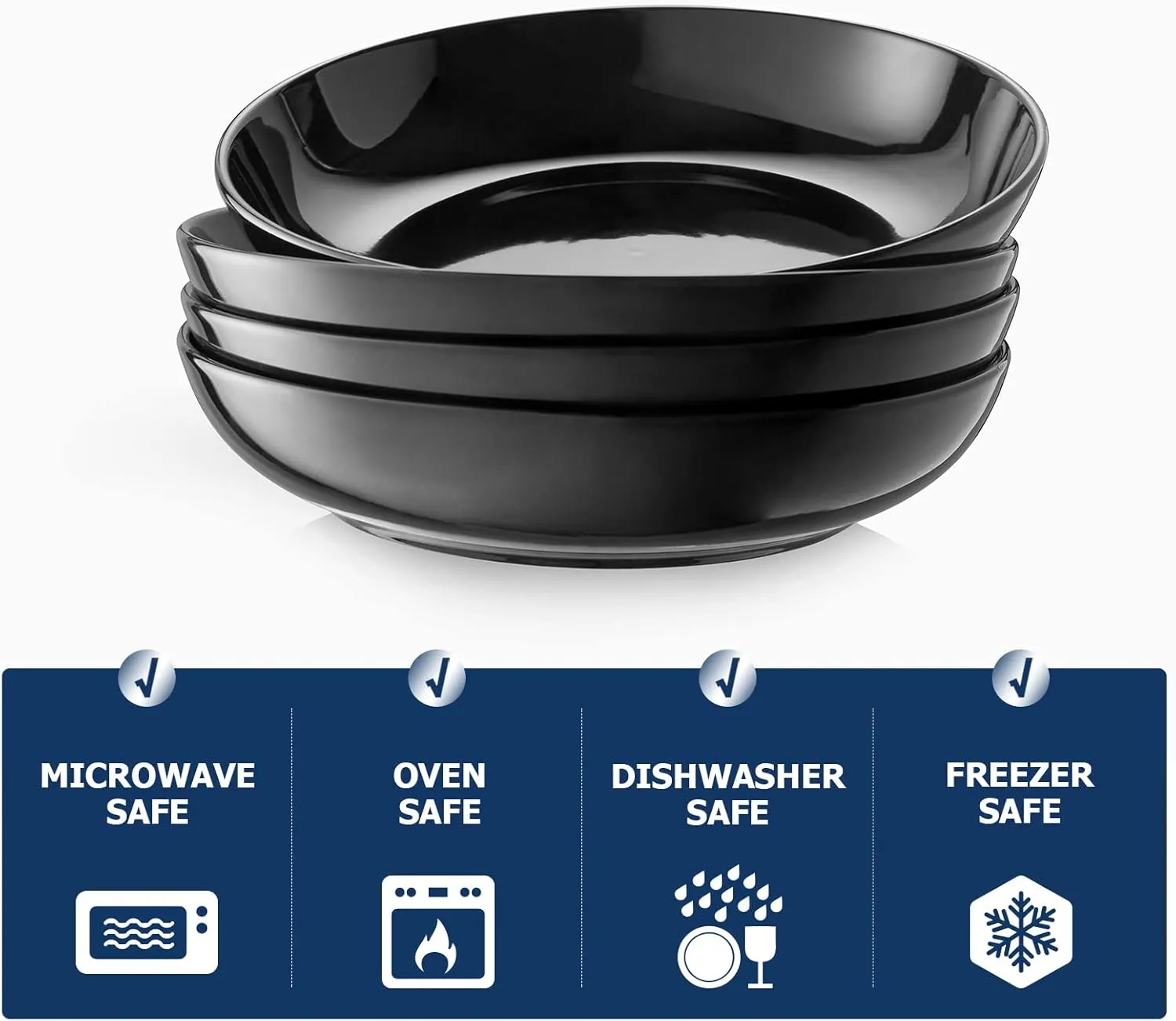 Y YHY 8.6" Vivid Black Pasta, Salad & Soup Serving Bowls Set of 4, 32oz Large Ceramic, Microwave, Oven & Dishwasher Safe, Sturdy Porcelain Perfect for Daily Dining, Family Gatherings, Parties & Gifts
