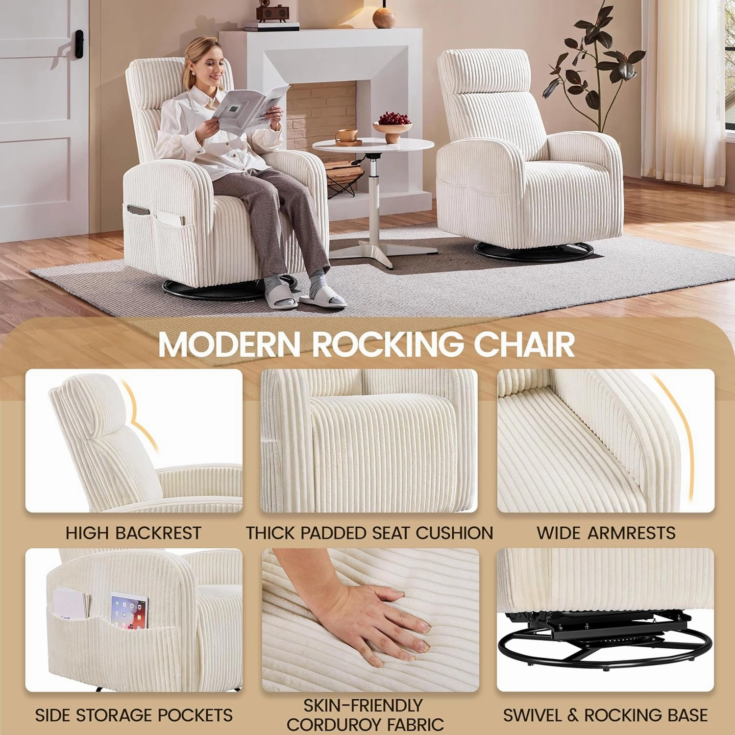 Yaheetech 360° Swivel Glider Chair for Nursery, Rocking Chair Nursing Chair with Side Pockets, Corduroy Glider for Living Room with High Back Beige