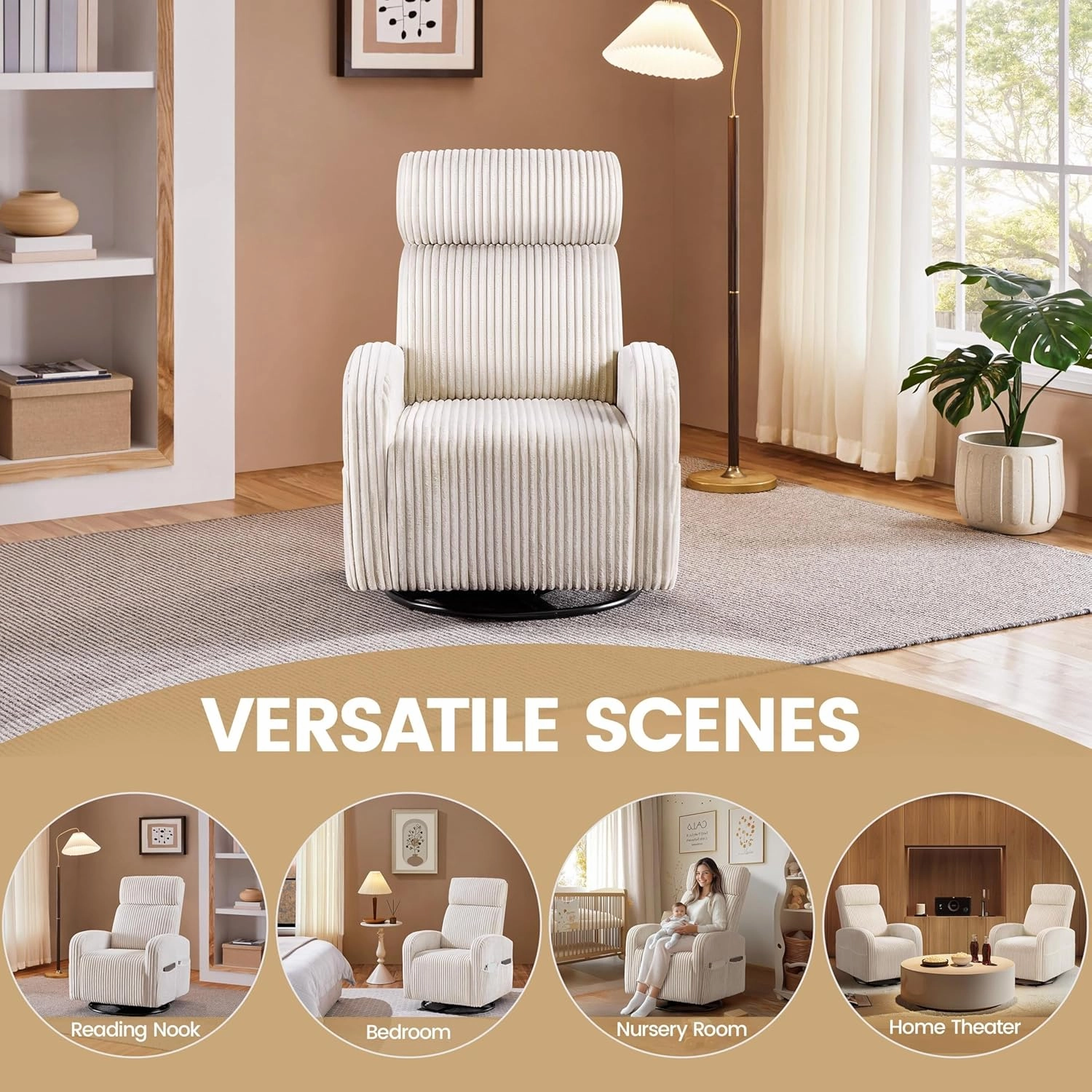 Yaheetech 360° Swivel Glider Chair for Nursery, Rocking Chair Nursing Chair with Side Pockets, Corduroy Glider for Living Room with High Back Beige