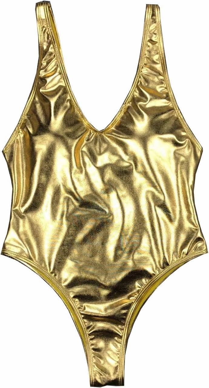 YAUASOPA Sexy Liquid Metallic Glitter One Piece Push Up Swimsuit Female Shiny Solid High Cut Beachwear