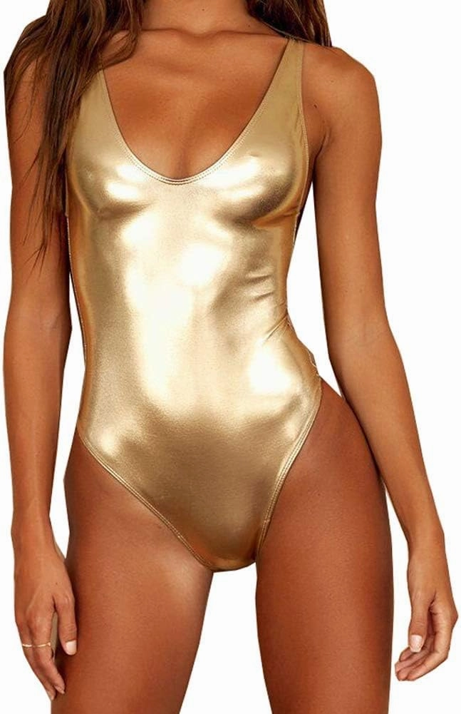 YAUASOPA Sexy Liquid Metallic Glitter One Piece Push Up Swimsuit Female Shiny Solid High Cut Beachwear