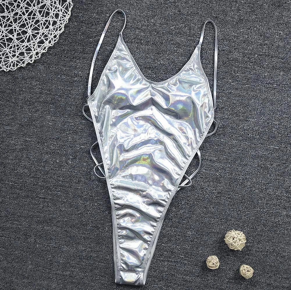 YAUASOPA Sexy Liquid Metallic Glitter One Piece Push Up Swimsuit Female Shiny Solid High Cut Beachwear