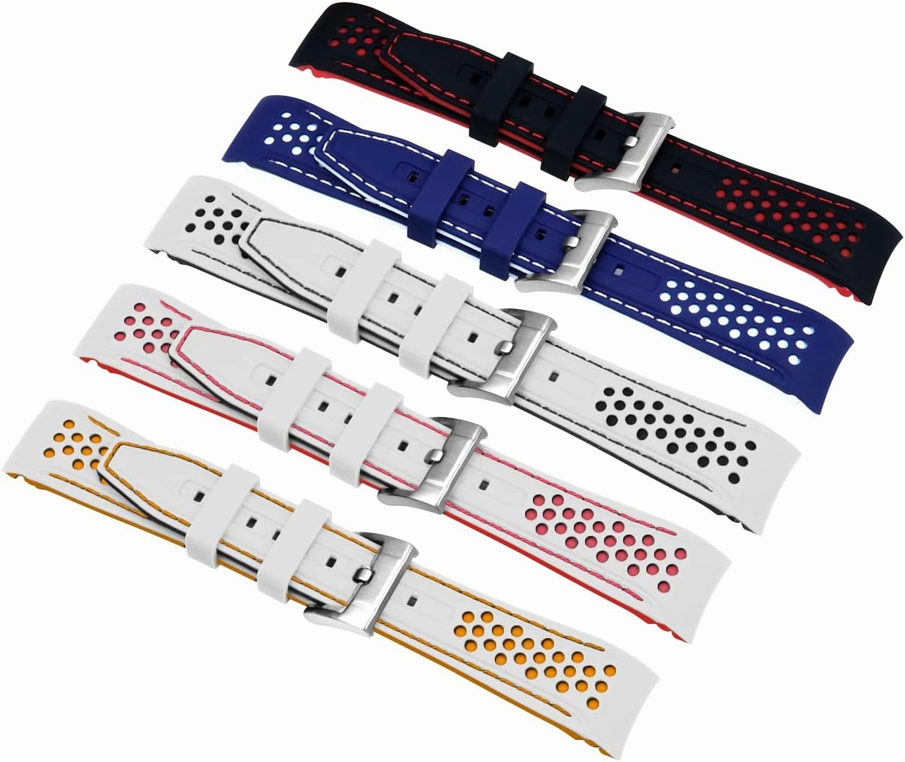 YISIWERA 20mm 22mm Silicone Watch Band Racing Rally Watch Strap Two Tone Curved Ends Rubber Watch Strap Stainless Steel Buckle Durable Universal Stitch Watch Straps for Men Women