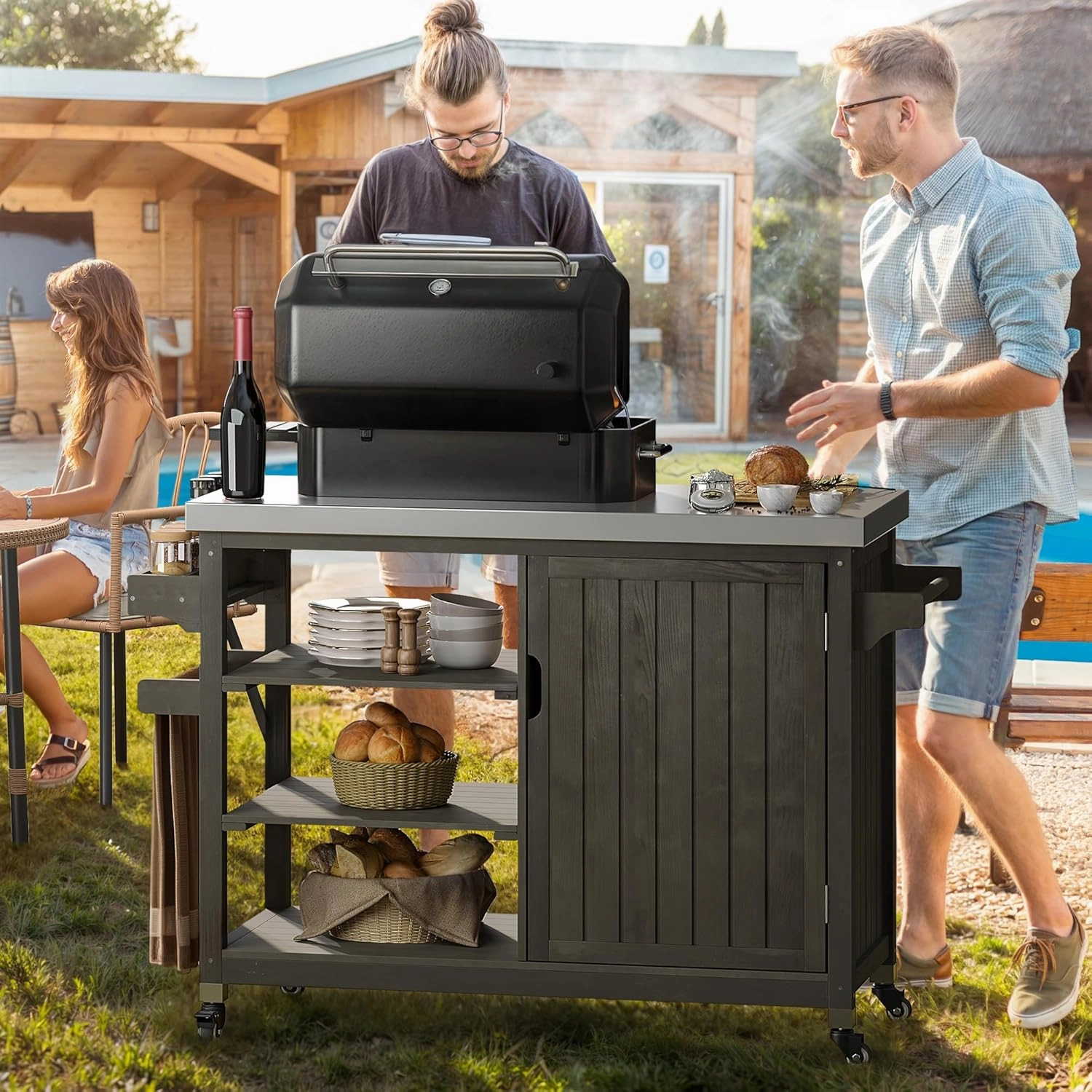 YITAHOME XL Solid Wood Outdoor Grill Cart Storage Cabinet with Stainless Steel Table Top and Spice Rack, 53.74’’ L x 20.27’’ W Patio Bar Cart, Outdoor Kitchen with Lockable Wheels, Single Door Brown