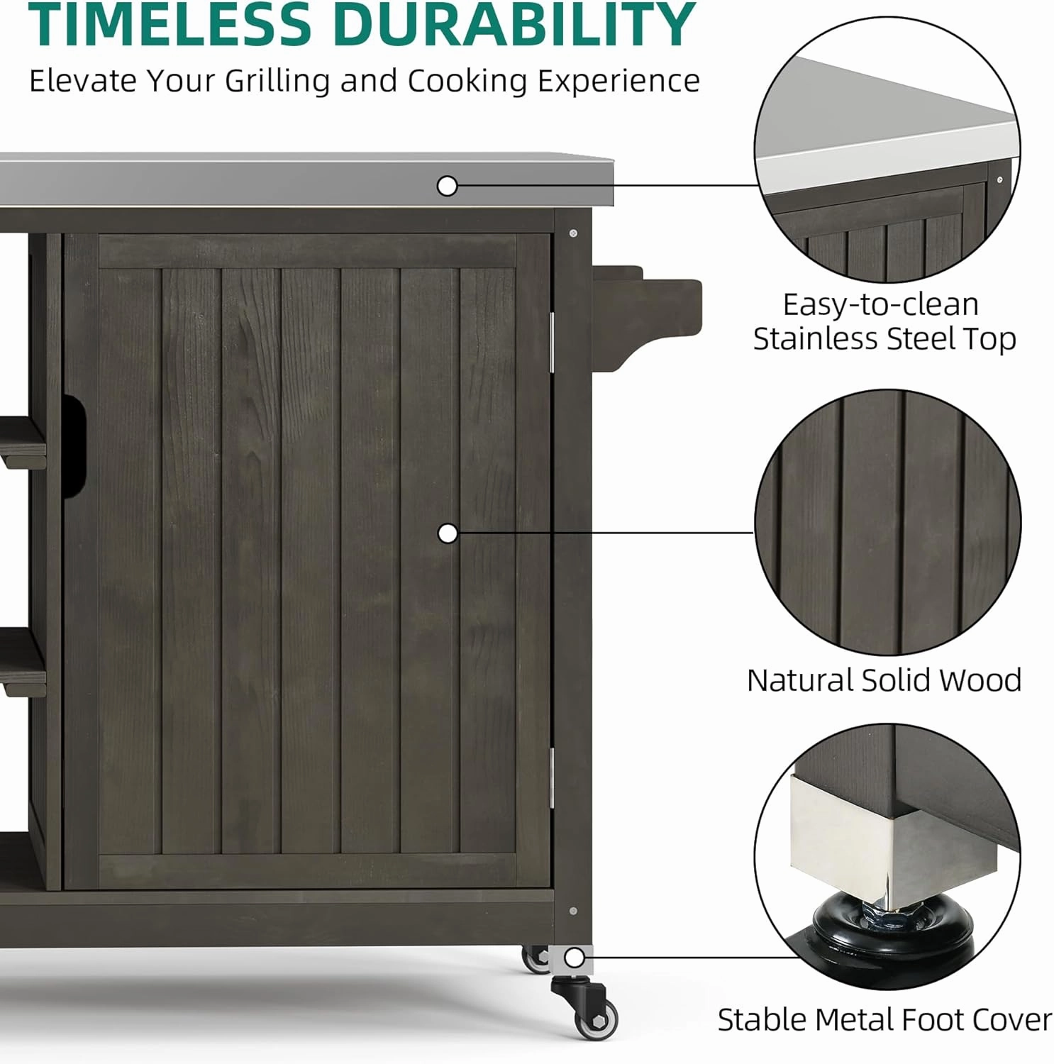 YITAHOME XL Solid Wood Outdoor Grill Cart Storage Cabinet with Stainless Steel Table Top and Spice Rack, 53.74’’ L x 20.27’’ W Patio Bar Cart, Outdoor Kitchen with Lockable Wheels, Single Door Brown