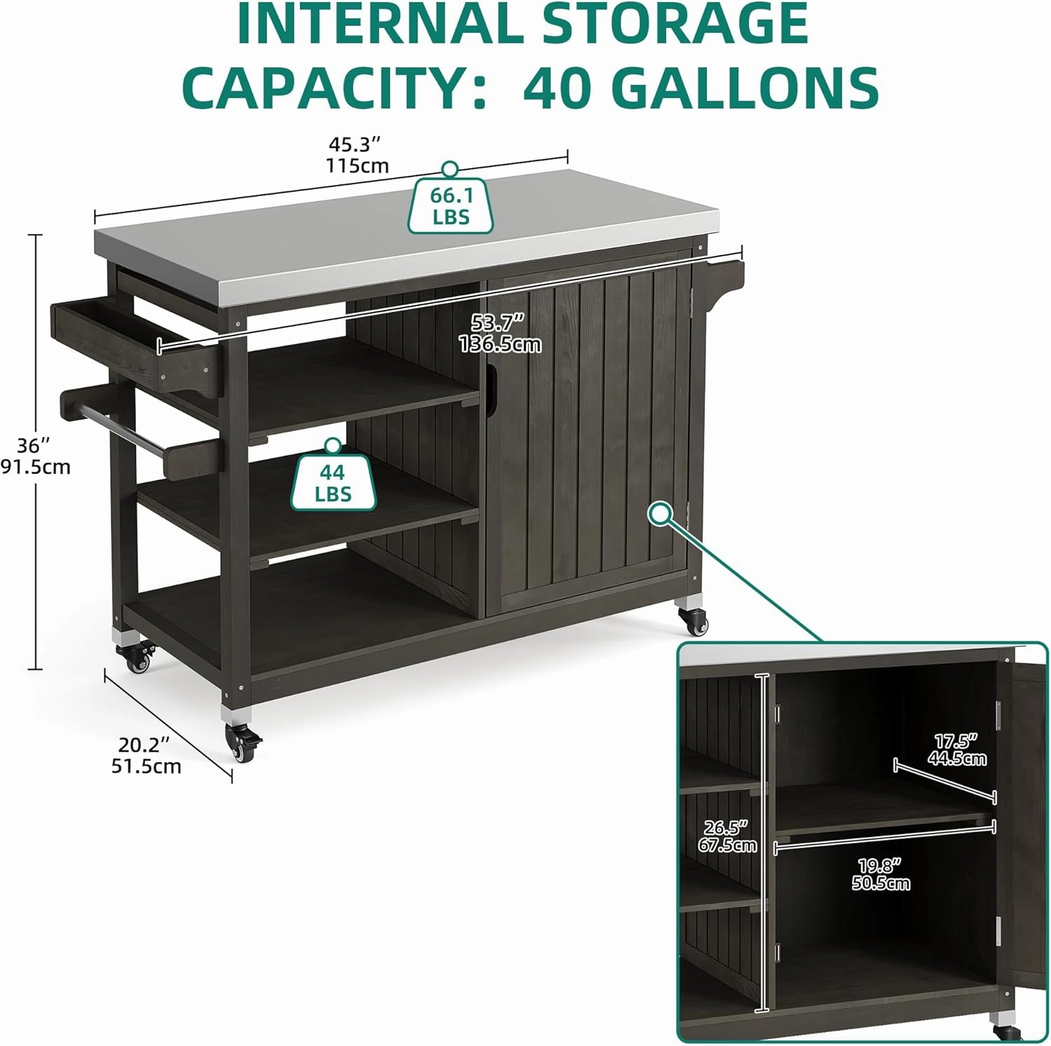 YITAHOME XL Solid Wood Outdoor Grill Cart Storage Cabinet with Stainless Steel Table Top and Spice Rack, 53.74’’ L x 20.27’’ W Patio Bar Cart, Outdoor Kitchen with Lockable Wheels, Single Door Brown