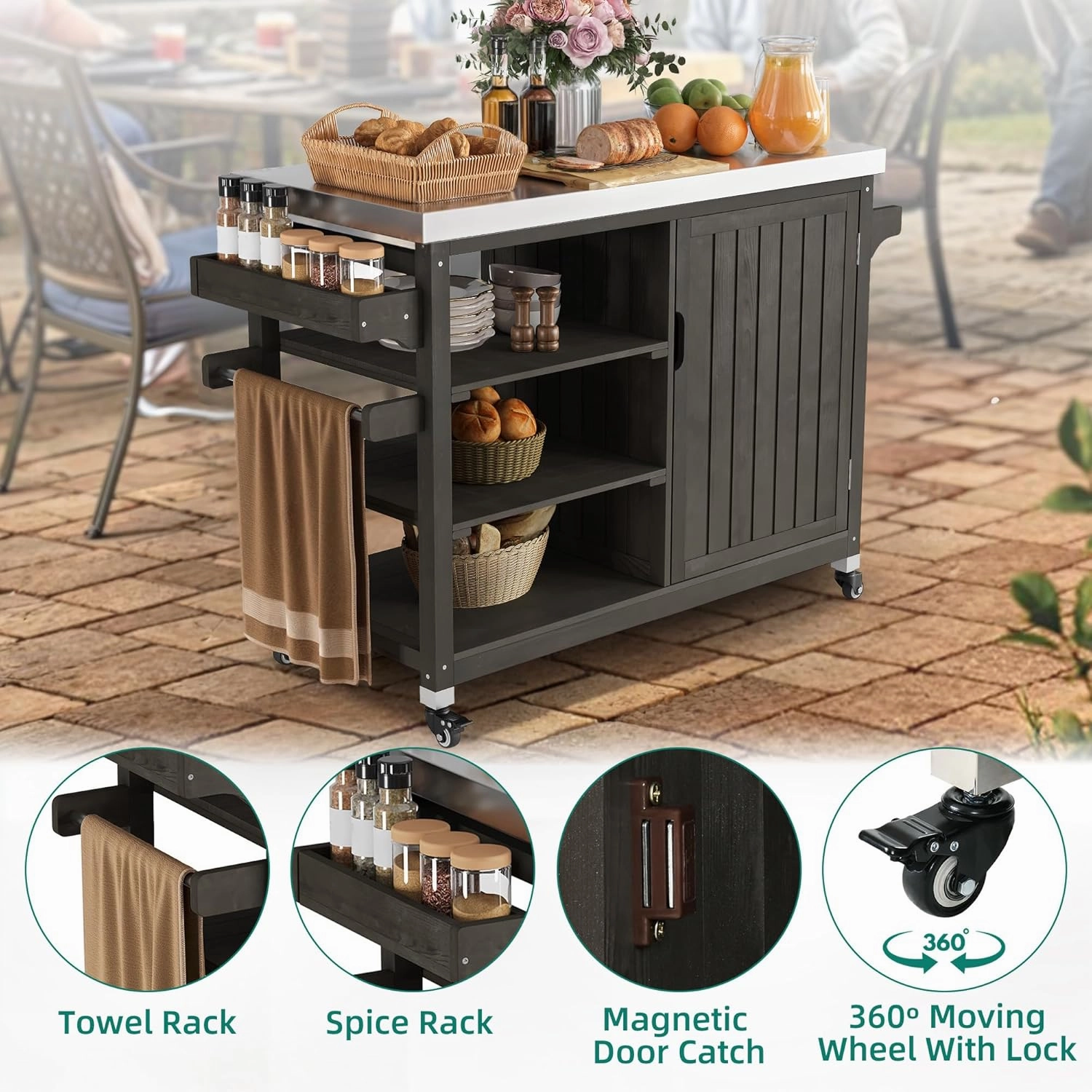 YITAHOME XL Solid Wood Outdoor Grill Cart Storage Cabinet with Stainless Steel Table Top and Spice Rack, 53.74’’ L x 20.27’’ W Patio Bar Cart, Outdoor Kitchen with Lockable Wheels, Single Door Brown