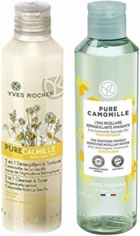 Yves Rocher Pure Calmille 2-in-1 Cleanser & Toner Makeup Remover Micellar Water All Skin Types Milk Day Care 200 ml./6.7 fl.oz. Set of 2 Best Gift Kit