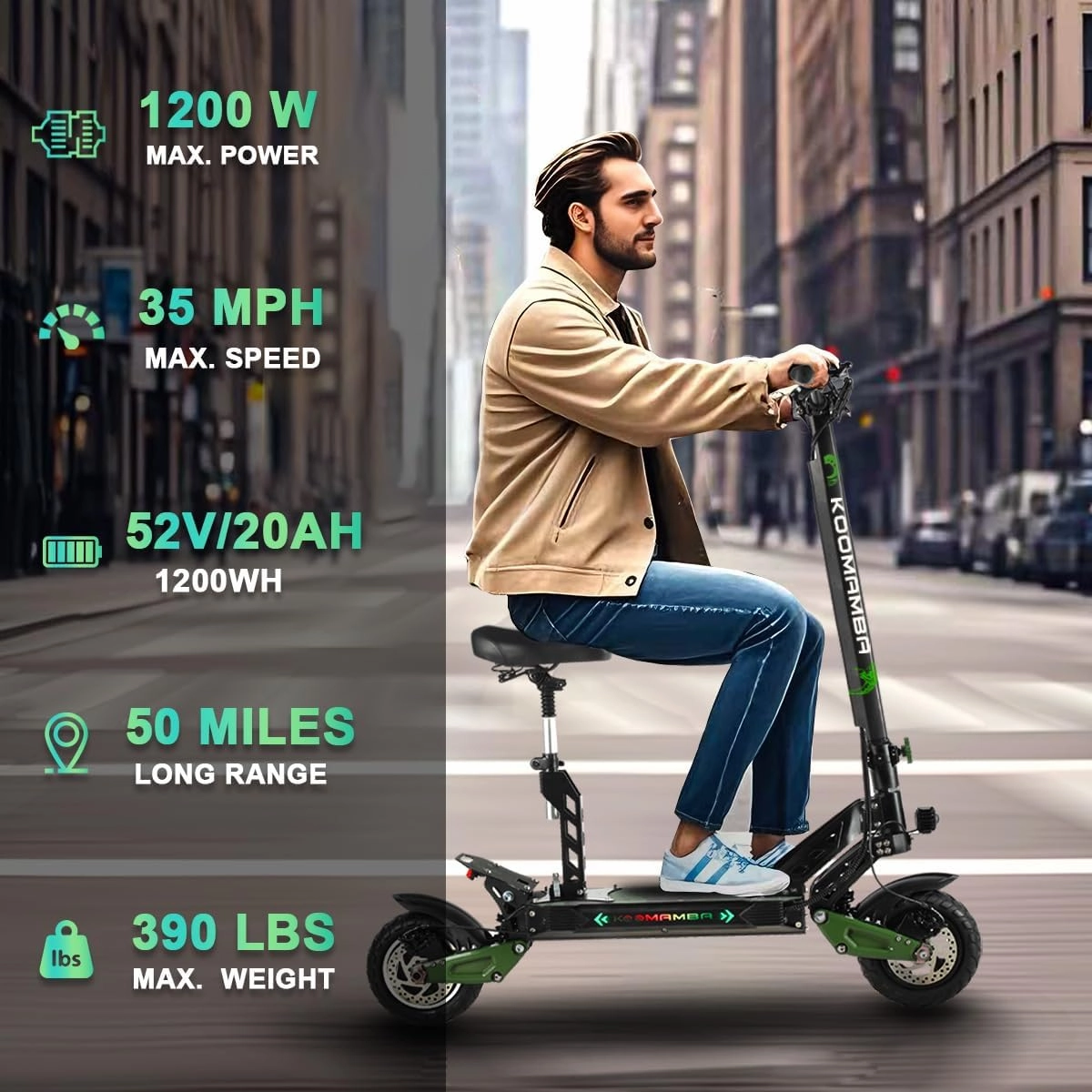 ZU06 1200W Adults Electric Scooter Up to 35 MPH, 52V Battery 50 Miles Long Range, Dual Suspension and Hydraulic Disc Brakes, 10" Off Road Fat Tires Fast E Scooter for Adults with Seat